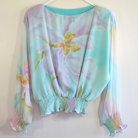 Yolanda Lorente - I. Magnin Tops - Yolanda Lorente Hand Painted Pastel Floral Silk Blouse Flowy Chiffon Small